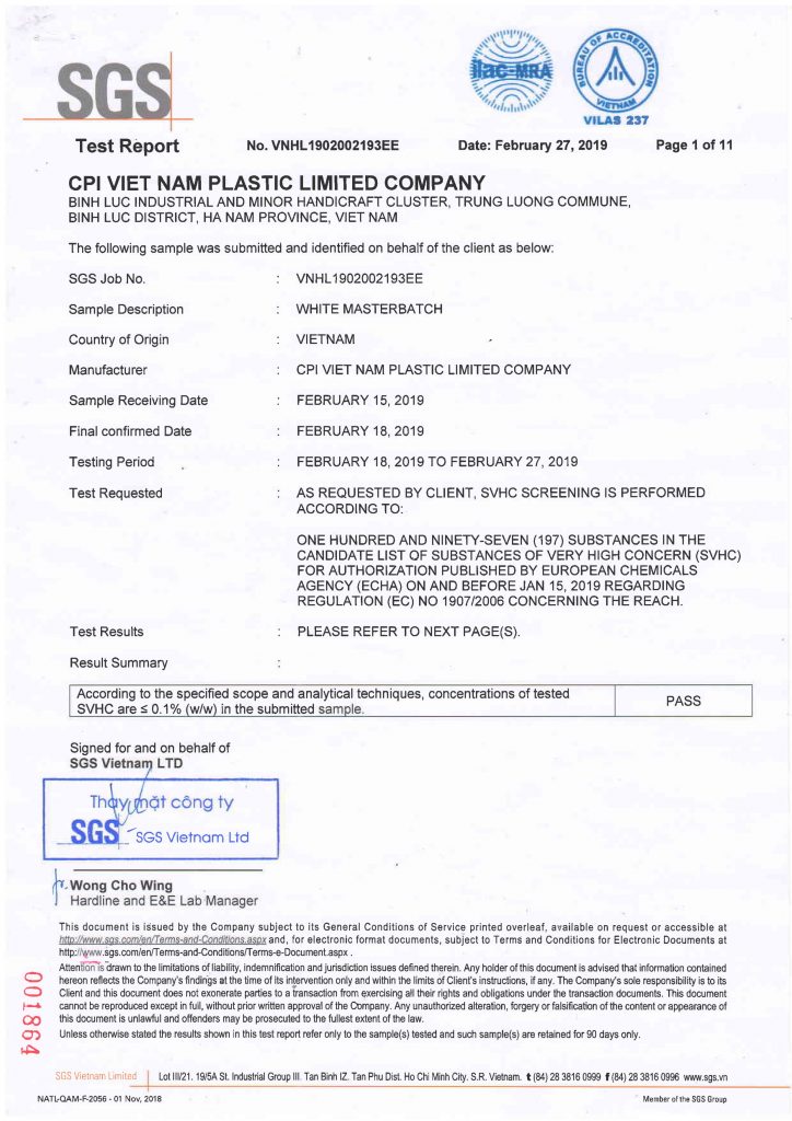 Certificate Quality Certificate of CPI Vietnam Plastic