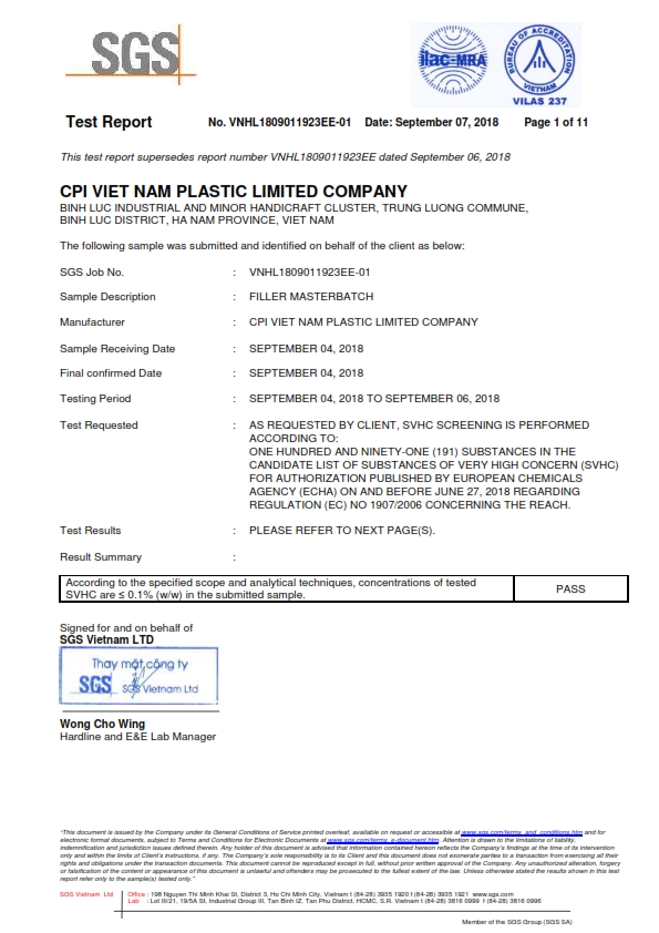 Certificate SGS Certificate of CPI Vietnam Plastic