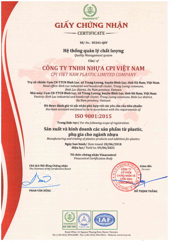 Certificate ISO 9001:2015 of CPI Vietnam Plastic