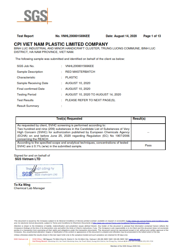 REACH – Red Masterbatch Certificate from CPI Vietnam Plastic