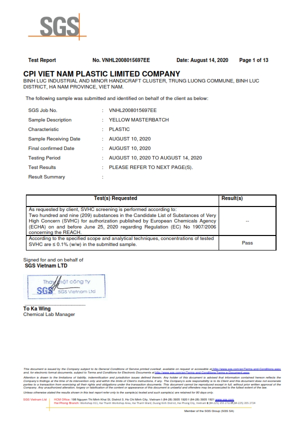 REACH – Yellow Masterbatch Certificate from CPI Vietnam Plastic